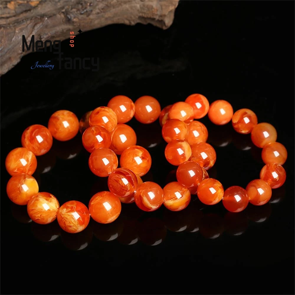 Natural Vintage Old Wax & Chicken Oil Yellow Amber Round Bead Bracelet Glossy Warm Tone Elastic Wristband Couple Fashion Jewelry