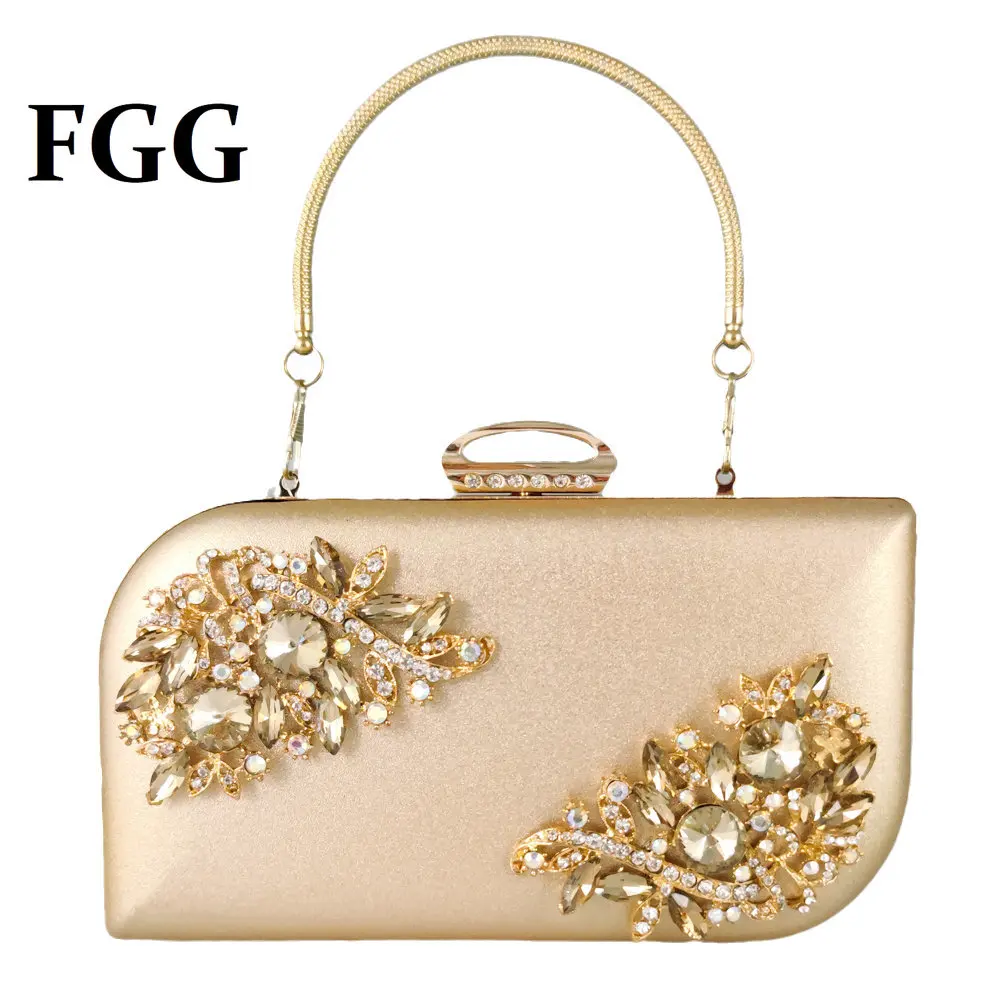 Boutique De FGG kobiety złota torebka z kryształkami wieczorowa torebki i portmonetki ślubna satyna ślubna torby z rączką kopertówka