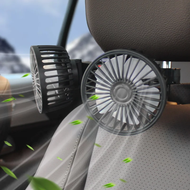 10W Cooling Car Fan Headrest Double Head Fans for Rear Seat USB Cable Free-Adjustment 3-Speed Strong Wind Auto Fan