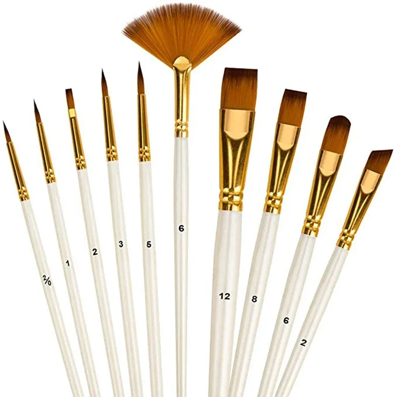 Professional Paint Brushes Set, Ponta Apontada Diferente, Nylon Cabelo, Artista Acrílico Escova, Aquarela, Óleo, Pintura Corporal, 10Pcs