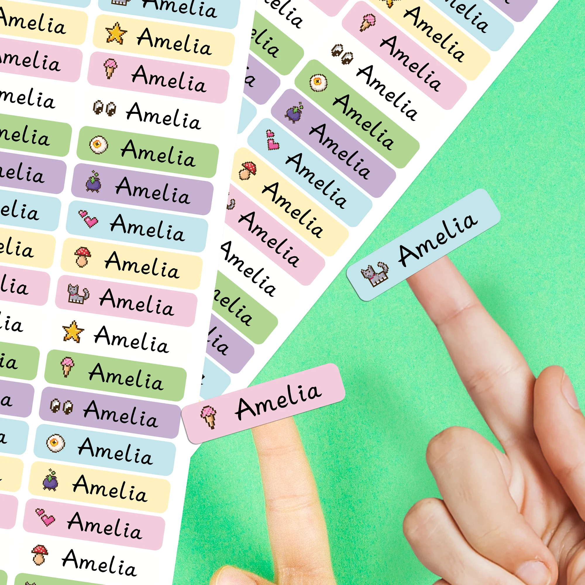 Étiquettes autocollantes personnalisées imperméables avec motif pixel, étiquettes scolaires personnalisées pour enfants, étiquettes de papeterie pour enfants