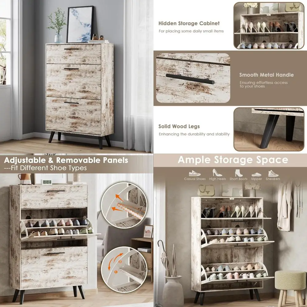 

Freestanding White Oak Entryway Shoe Cabinet with Flip Drawers and Hidden Storage Organizer
