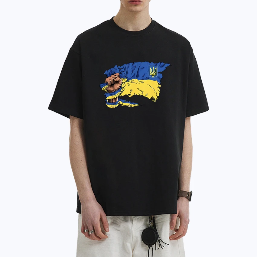 

Hot sale Summer Ukraine Flag Casual Colour Trident Patriotic Oversized t-shirt Cotton Men Women short sleeve t-shirts Unisex Top