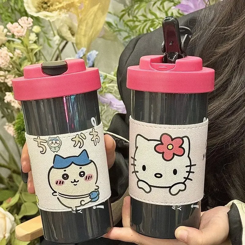 

New Sanrio Anime Cartoon Hello Kitty Chiikawa Hachiware Cute Girls Portable Transparent Straw Water Bottle Ring Plastic Cup Gift