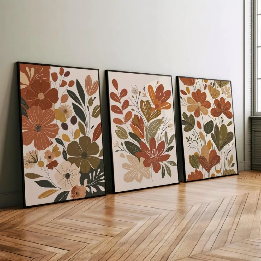 3 Frameless Canvas Paintings,Bohemian Wildflower Printing,Rustic Abstract Floral Wall Decor,Digital Download,Living Room Decor