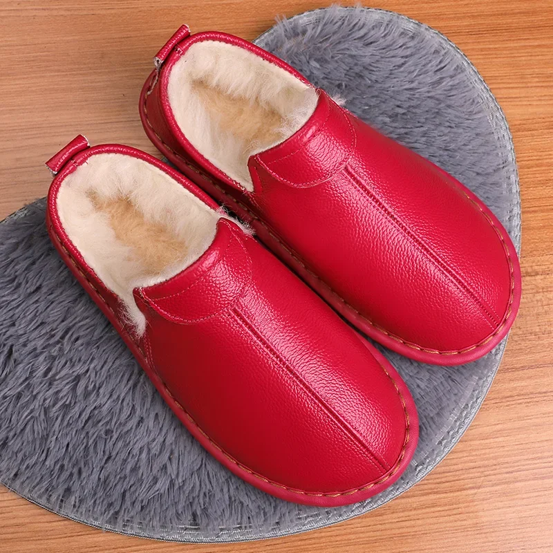 Genuine Leather Couple's Winter Indoor Slippers Anti-Slip Warm Wool Wrapped Heel Home Slippers for Men and Women