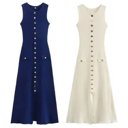 HH Women Elegant Solid Knitted Dress Single Breasted O Neck Sleeveless Dresses With Pockets Slim Midi Dress Office Lady