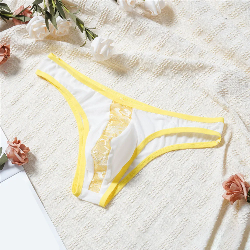 Men Floral Lace Contrast Color Mesh Underwear Femboy Bulge Pouch Briefs Japanese Thongs GString Extreme Men's Panties Thongs