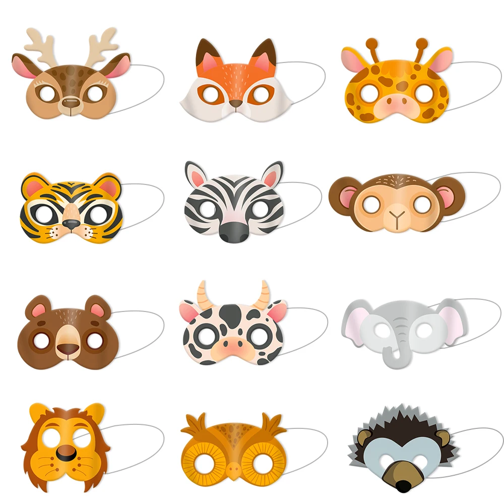 12 قطعة من أقنعة حيوانات سفاري المختلطة للأطفال في حديقة حيوان الغابة وأقنعة كرتونية لتزيين حفلات أعياد الميلاد على شكل حيوانات الغابة