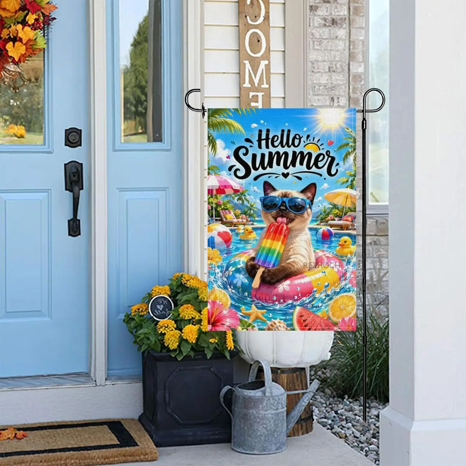 Hello Summer Funny Siamese Cat Welcome Garden Flag 12x18 Inch,Beach Pool Rainbow Popsicle Cute Animal Outdoor Yard Flags,Tro yyi
