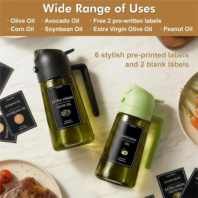 A01F-16Oz/470Ml Olive Oil Dispenser For Kitchen With Stickers -2 In 1 Olive Oil Sprayers For Cooking, Air Fryer, Light Proof