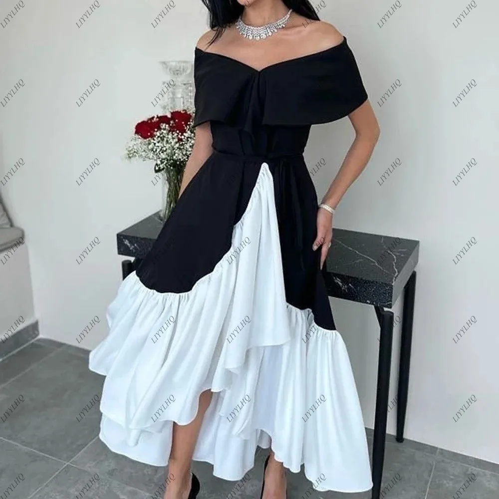 LIYYLHQ Arabic Black White Women Wedding Wear Satin Off The Shoulder Prom Dresses Simple Elegant Formal Dress Outfits Evening Pa