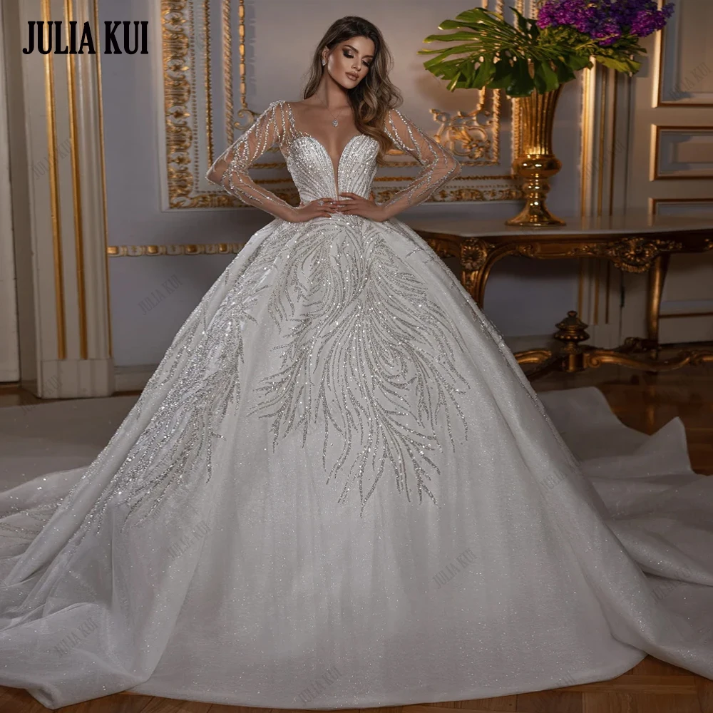 Julia Kui Luxuries Beading Embroidery Lace Ball Gown Wedding Dresses Corset Back Closure V-Neck Full Sleeves Princess Bride Gown