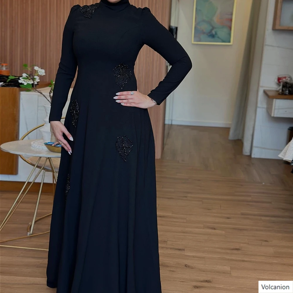 

Customized A-line Evening Dresses Floor-length High-neck Full Sleeve Prom Gown Fashion Sequined Simple Draped Casual Party Gown