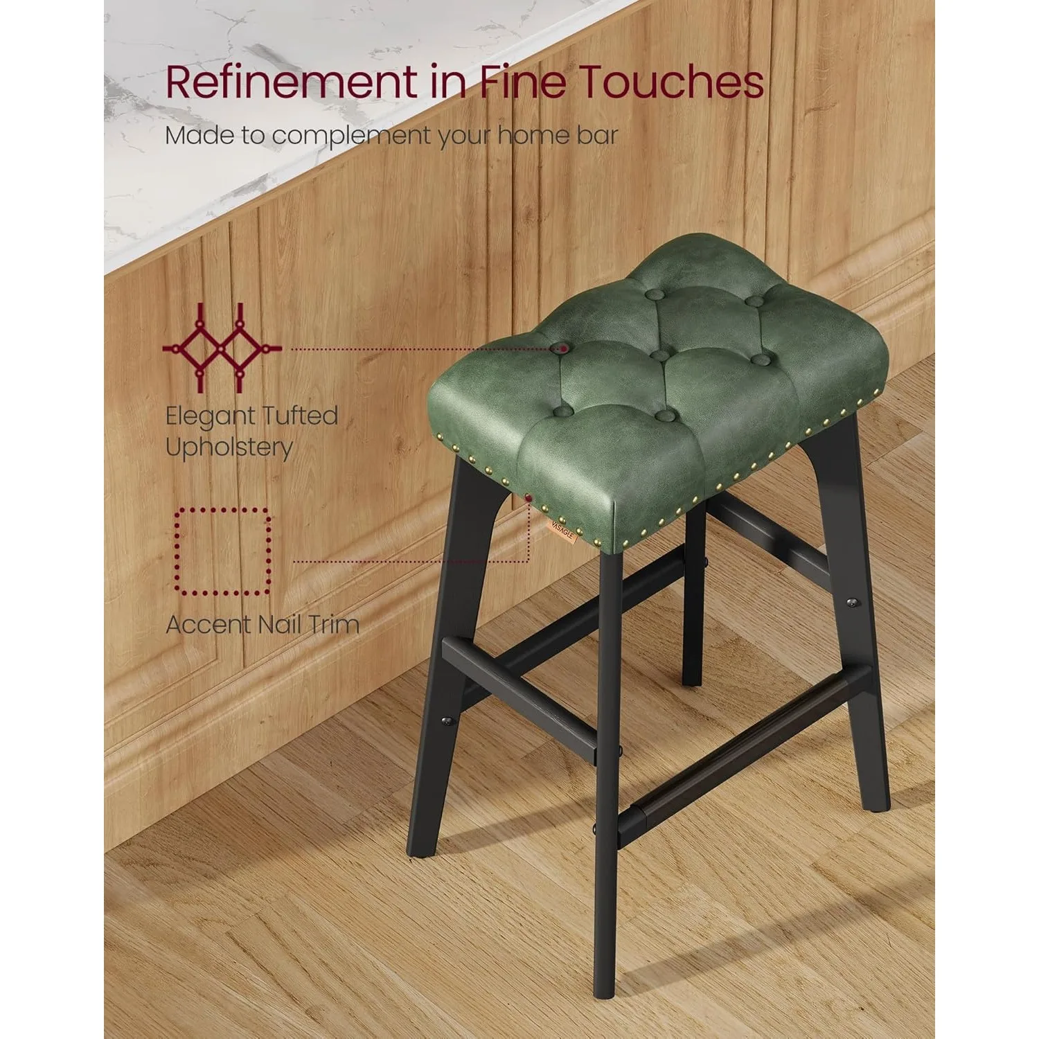 Juego de taburetes de bar verdes de 26 ", taburetes con montura de patas de madera sin respaldo, taburetes de altura para mostrador de cocina que ahorran espacio para espacios pequeños