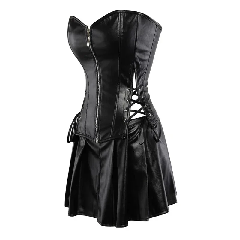 Damen Punk-Kleider mit Reißverschluss, Gothic Lederkorsett-Top, Lederkorsetts, Minirock, Sexy Damen-Lochkleid mit Schnürung, Plissiertes Cosplay-Kleid – Detail 3