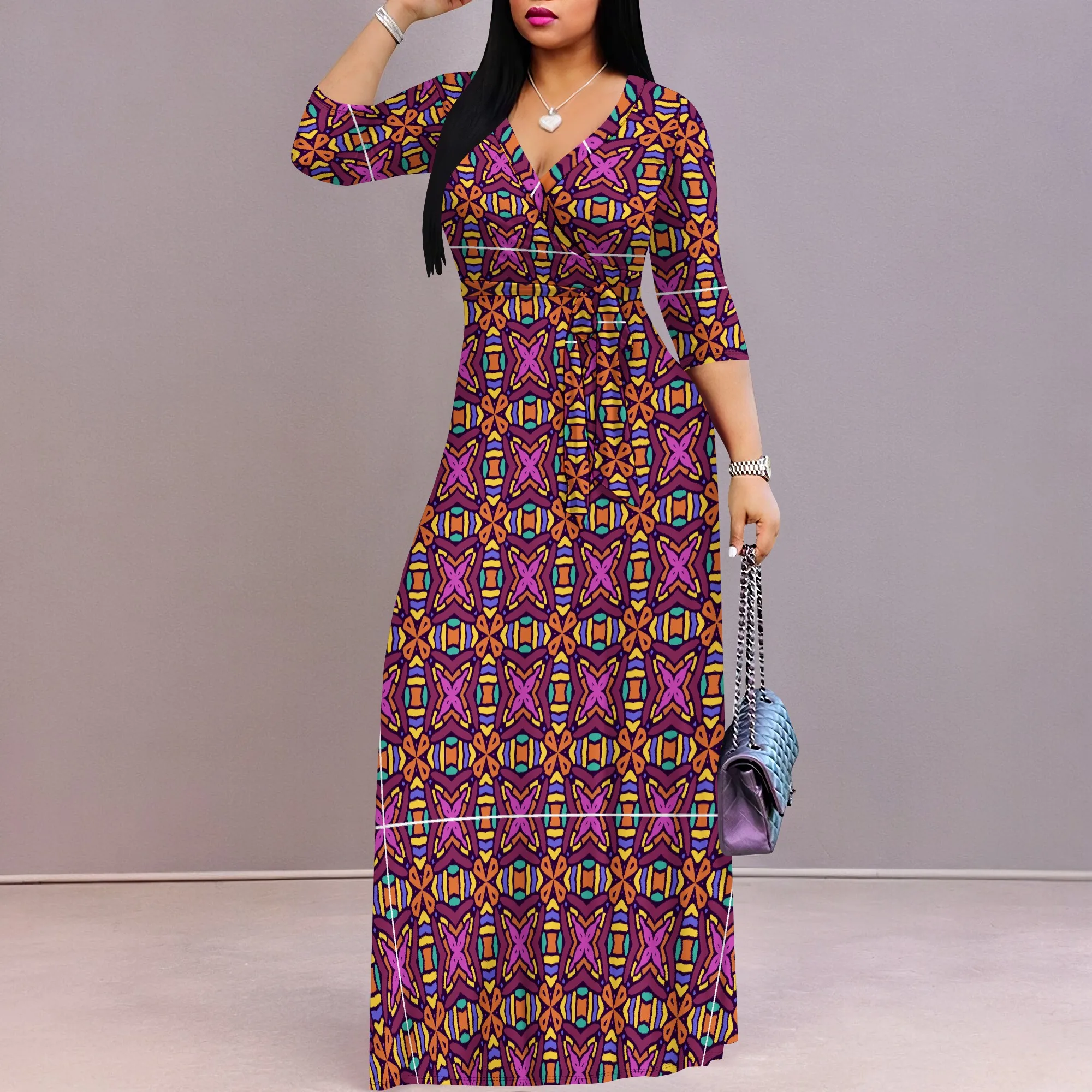 Damen-Maxi-Partykleider mit Blumendruck, Sommer, lässig, 3/4-Ärmel, V-Ausschnitt, Wickel-Taille, langes Kleid