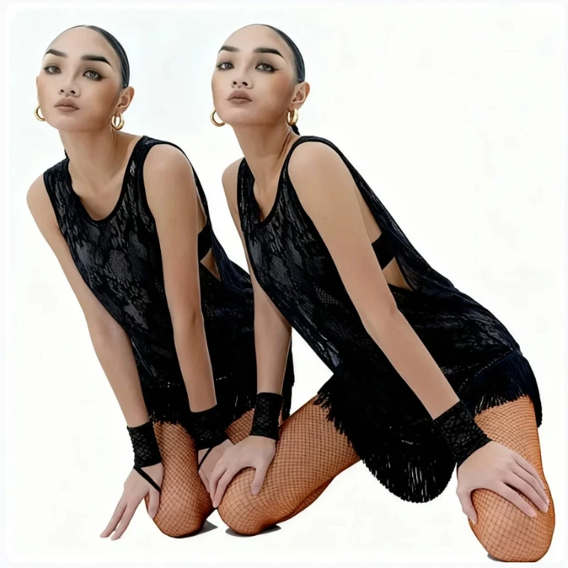 2025, Sommer-Latin-Tanzkleid für Frauen, schwarzes Leibchen-Kleid, sexy rückenfreier Quastenrock für Erwachsene, Cha Cha, Latin-Tanz-Trainingskleidung