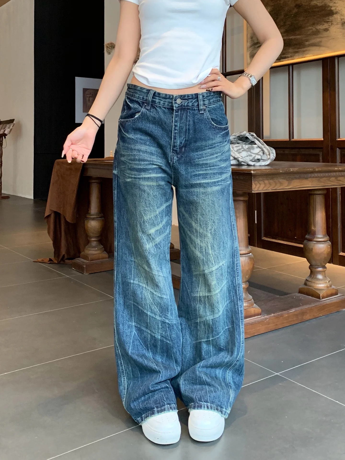 

Джинсы женские с высокой талией, драпированные, в американском ретро-стиле, весенняя новинка, универсальные, стройнящие, повседневные, из смесового хлопка