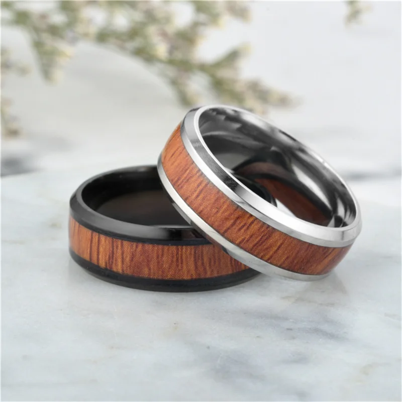 Newest Stainless Steel Wood Grain Inlaid Rings For Men Retro Domineering 8mm Knuckle Jewelry Ring Boyfriend Party Gifts