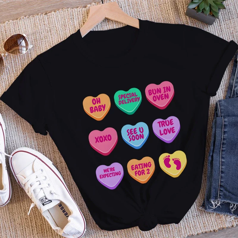 

Women Cotton T-shirt Funny Female Special Shirts Valentine's Day Pregnancy Graphic Casual Tees Y2k Style High Quality O-neck Top