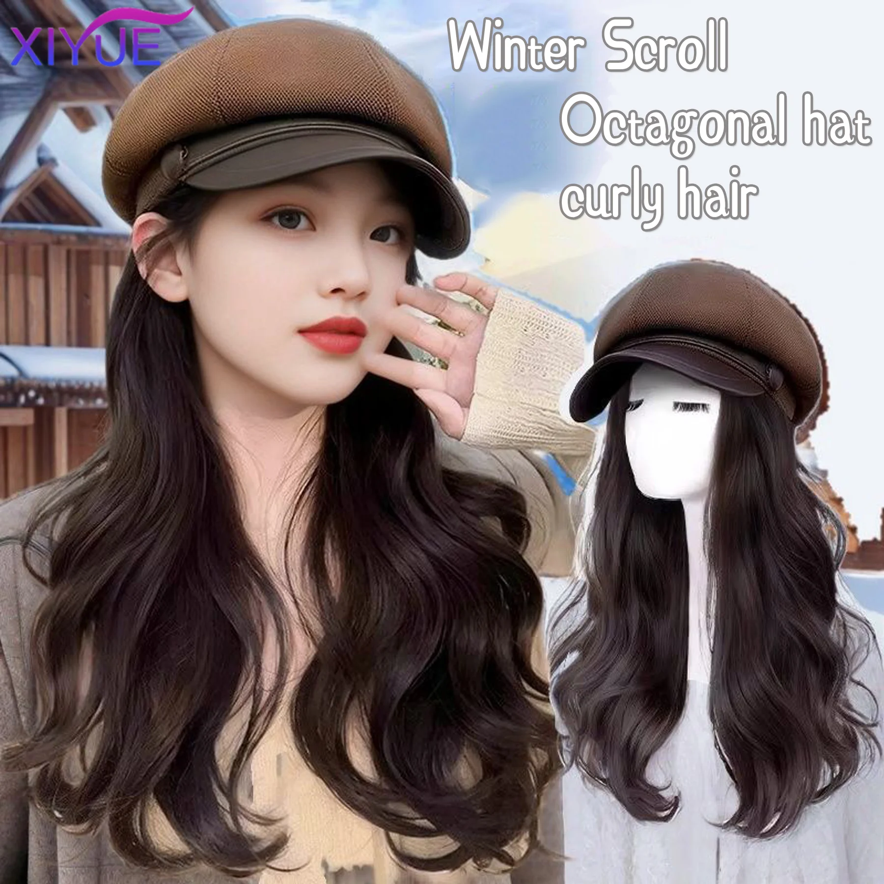 Synthetic Long Wavy Panama Autumn and Winter Women's Warm Duck Tongue Beret Wig Elegant Artistic Painter Octagonal Hat Cap wig