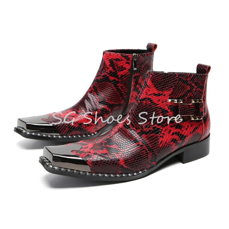 Fashion Metal Square Toe Splicing Leather Shoes for Men Snakeskin Pattern Slip-On Chelsea Boots Male Party Dress Ankle Boots