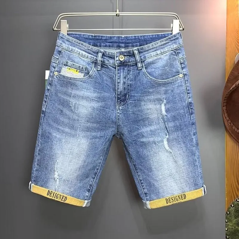 

Korean Luxury Clothing 2025 Thin Denim Shorts Men's Summer Trend Slim Five-point Elastic Printing Brand Casual Middle Pants