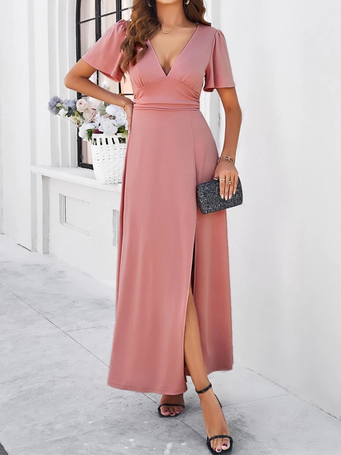 

Solid Color Temperament Slim Fit V-Neck, Shoulder Length, Short Sleeved, Waistband Slit Pink Long Dress Casual Fashionable Dress