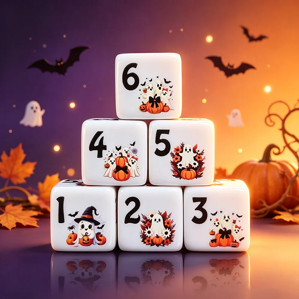 12 Stück 16MM D6 Bedruckte Acryl-Halloween-Geister-Kürbis-DND-Würfel 1-6-seitig für Tabletop-RPG, Desktop-Dekoration, Feiertagsparty-Sammlerstück