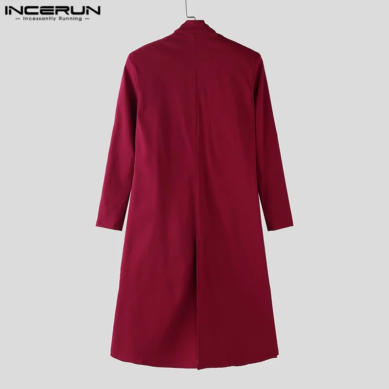 INCERUN 남성 트렌치 솔리드 코트 스탠드 칼라 긴 소매 2025 패션 롱 스타일 윈드 브레이커 streetwear 캐주얼 얇은 겉옷 남성