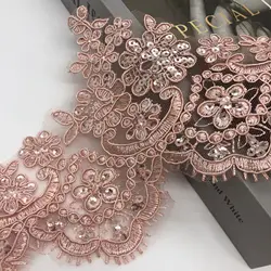 1Yard Pink Champange Sequins Edge Polyester Embroidery Lace Trim for Bridal Wedding Gown Costume Design Lace Ribbon 13cm wide