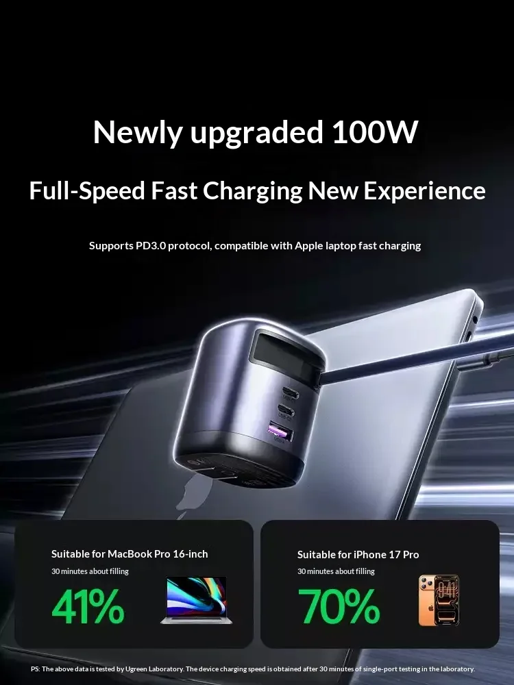 UGREEN 65W Retractable Cord Charger Gallium Nitride Multi-Port PD Fast Charger Head With Its Own Line For Portable GAN