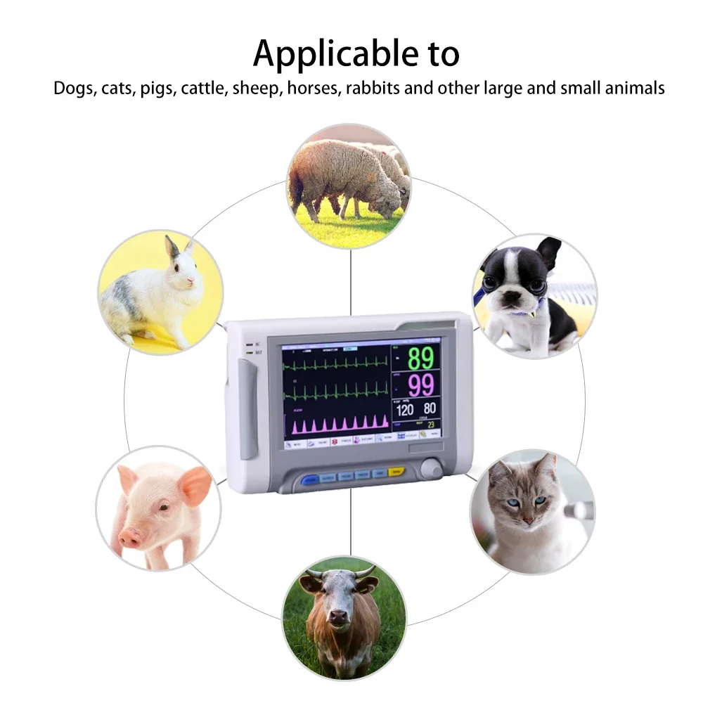 7 Inch Portable Pet Veterinary Monitor ECG/NIBP/PR/SPO2/RESP/TEMP Veterinary Medical Clinic Multiparameter Animals Monitor