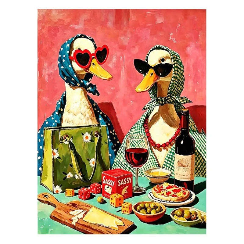 Oil Painting Funny Duck Wine Pizza Animal Paint by Numbers for Living Room Bedroom Home Decor No Frame