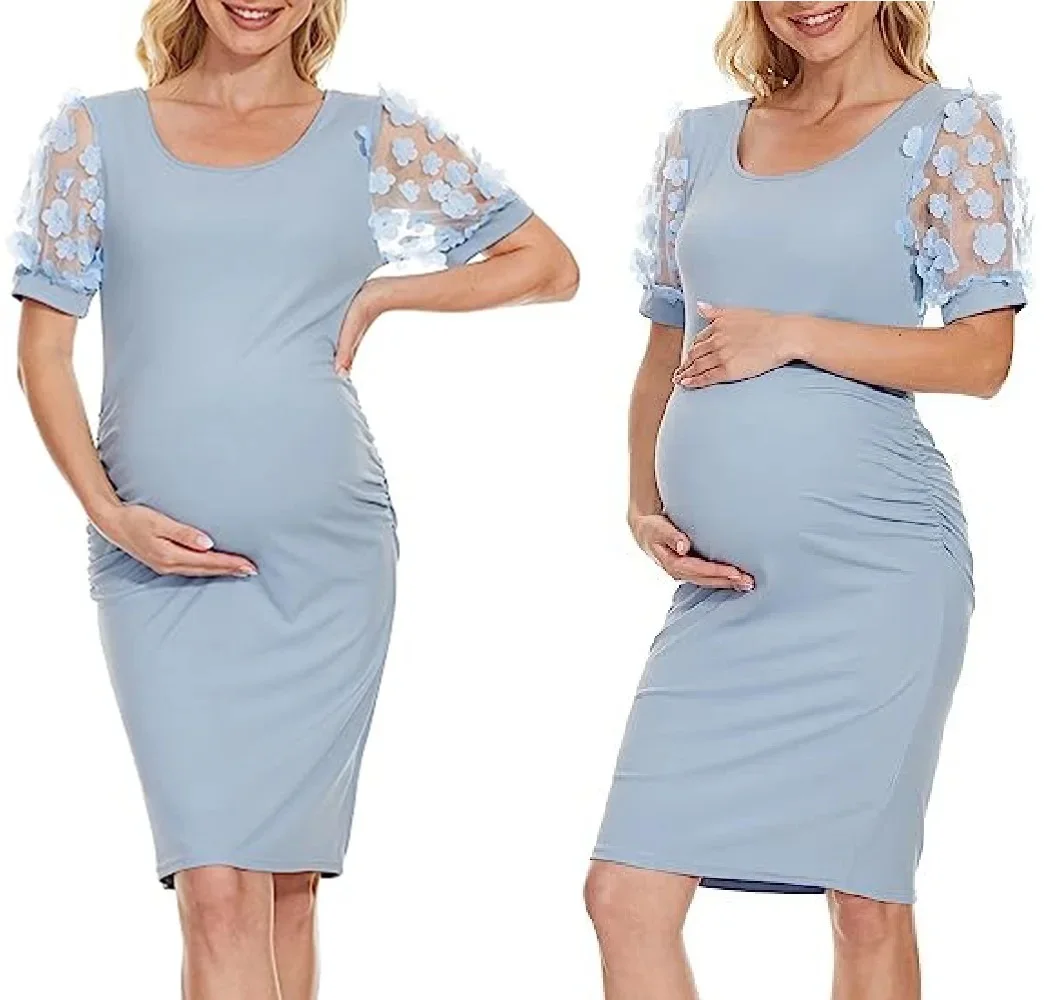 

Women's Maternity Dress Fall Mesh Sheer Sleeve Elegant Floral Bishop Sleeve Midi Dress High Waist Bodycon Pencil Dress with Belt