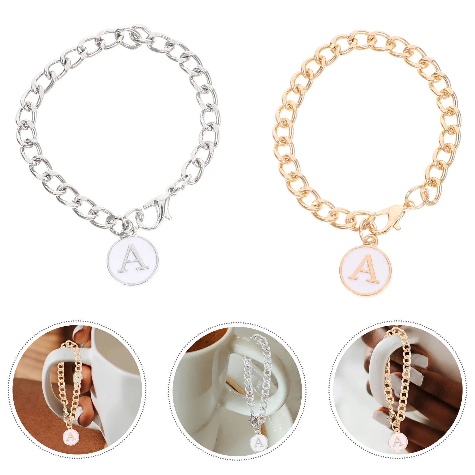 2 pezzi con ciondolo a forma di lettera, catena con manico per tazza, durevole, in acciaio inossidabile, accessori decorativi, ciondoli per tazza