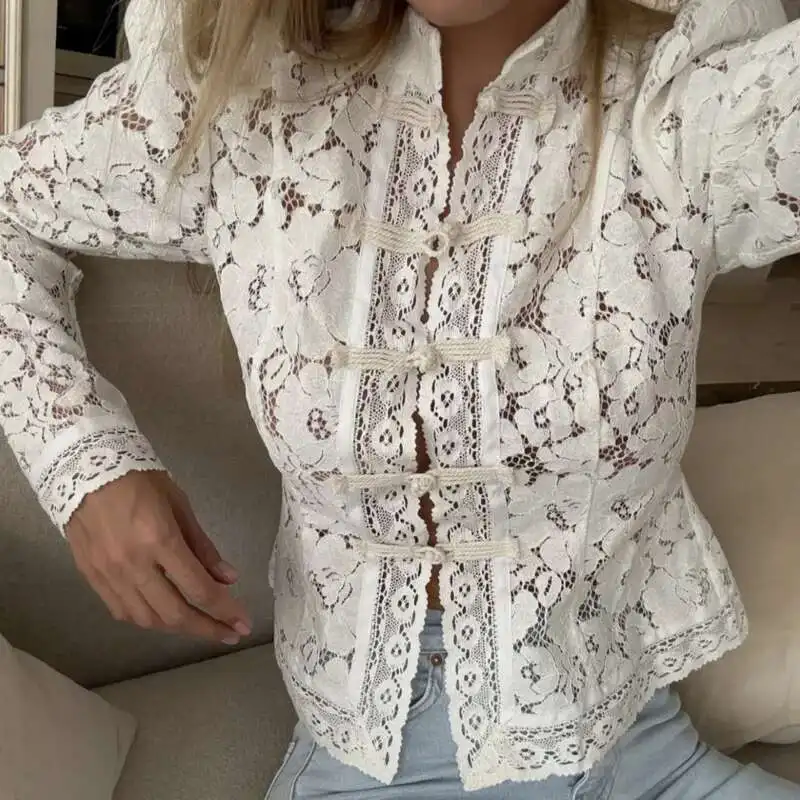 

Blifanbo Long Sleeve Lace Elegant Shirt Women Top Autumn Stand Collar Single-breasted Slim Temperament See Through Shirts