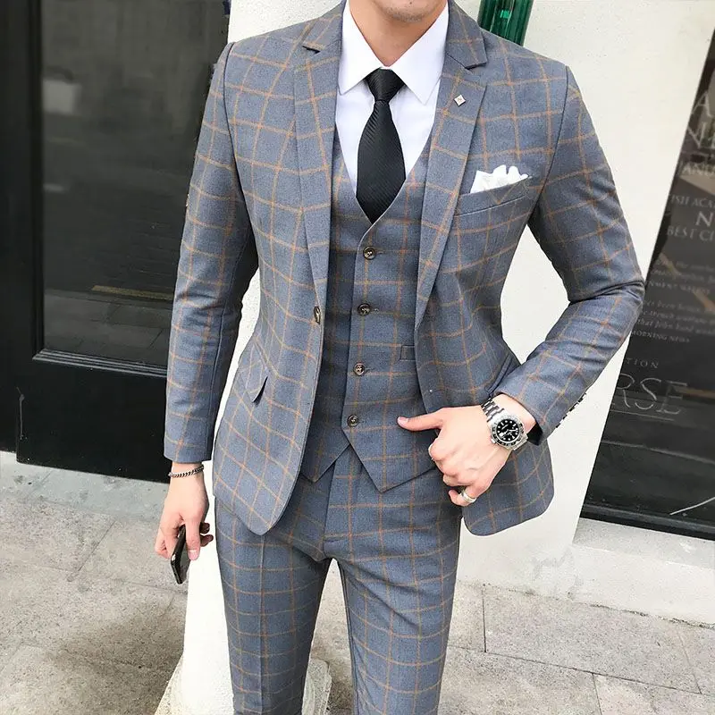 Men's Teenage Korean Style Slim Three Piece Business Casual Suit Wedding Formal Suit Suit