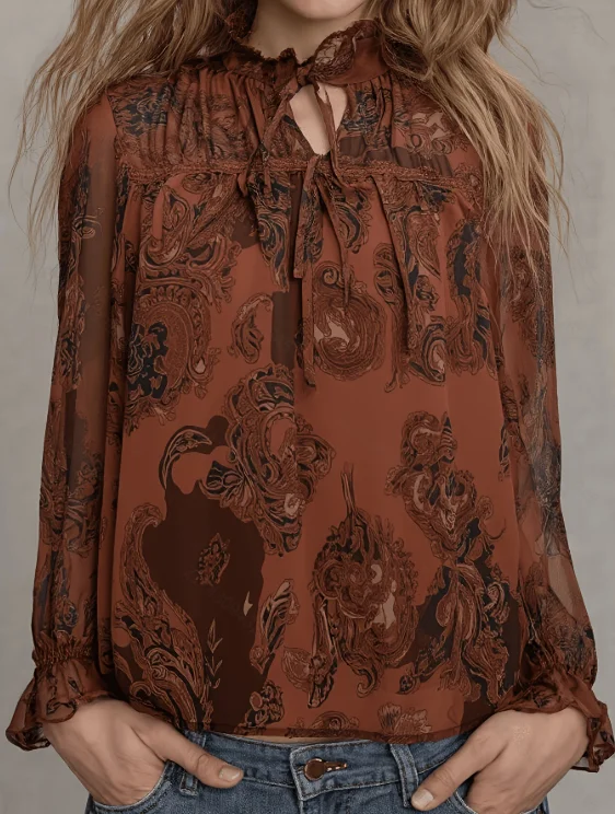 2026 Autumn New Collection Paisley Retro Print Stand Collar Tie Chiffon Shirt Ruffled Lantern Long Sleeve Top Plus Size Women's Casual Commuter Wear Product Details image 5