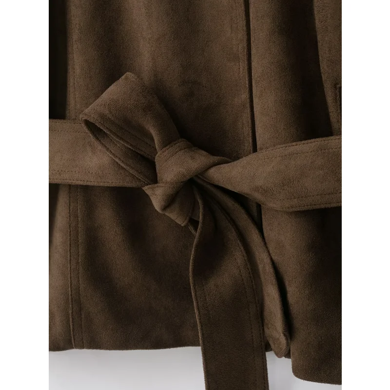 Damen Herbst Winter Hochkragen Wildlederjacke Einfarbig Einreihig Langarm Gürtel Tailliert Lockerer Mantel Lässige Mode Streetwear – Detail 17