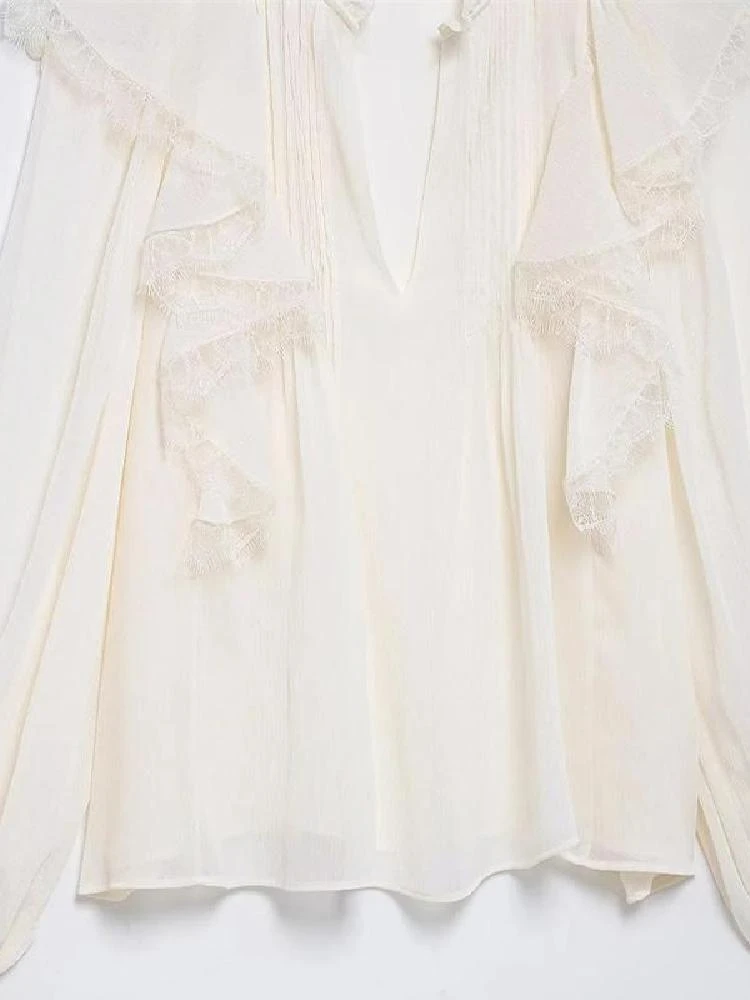 Primavera Nuovo Arrivo Donna Faion Ruffle Decorazione a strati V-ne Lungo Sve Semitrasparente irt Casual Loose Fit Sottile...