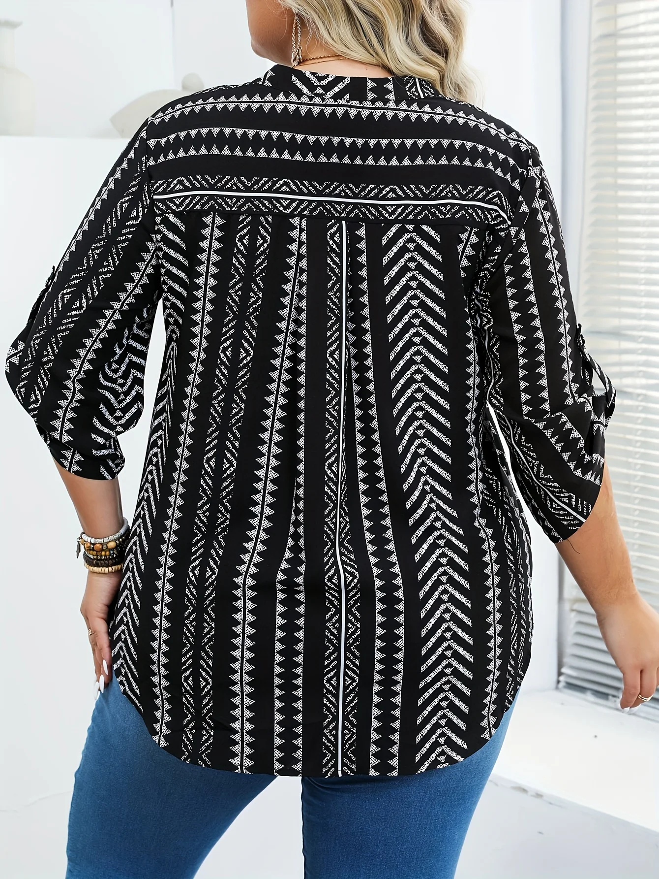Women's Plus-Size Summer Top with Split Neck and Roll-Tab 3/4 Sleeves