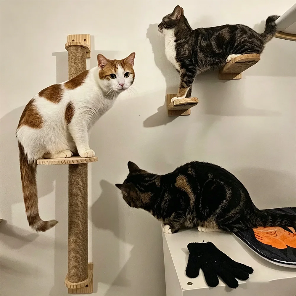 Centro de actividades de madera para gatos – Rascador, hamaca y escalada en pared - imagen 3