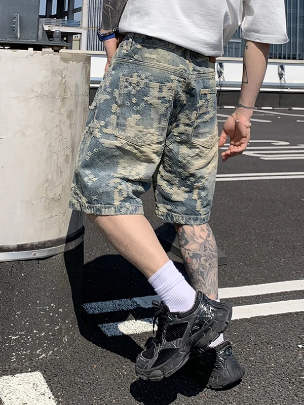 High-End Retro Embroidered Denim Shorts Men's Trendy American High Street Five-Point Loose Straight Leg Medium-Length Pants