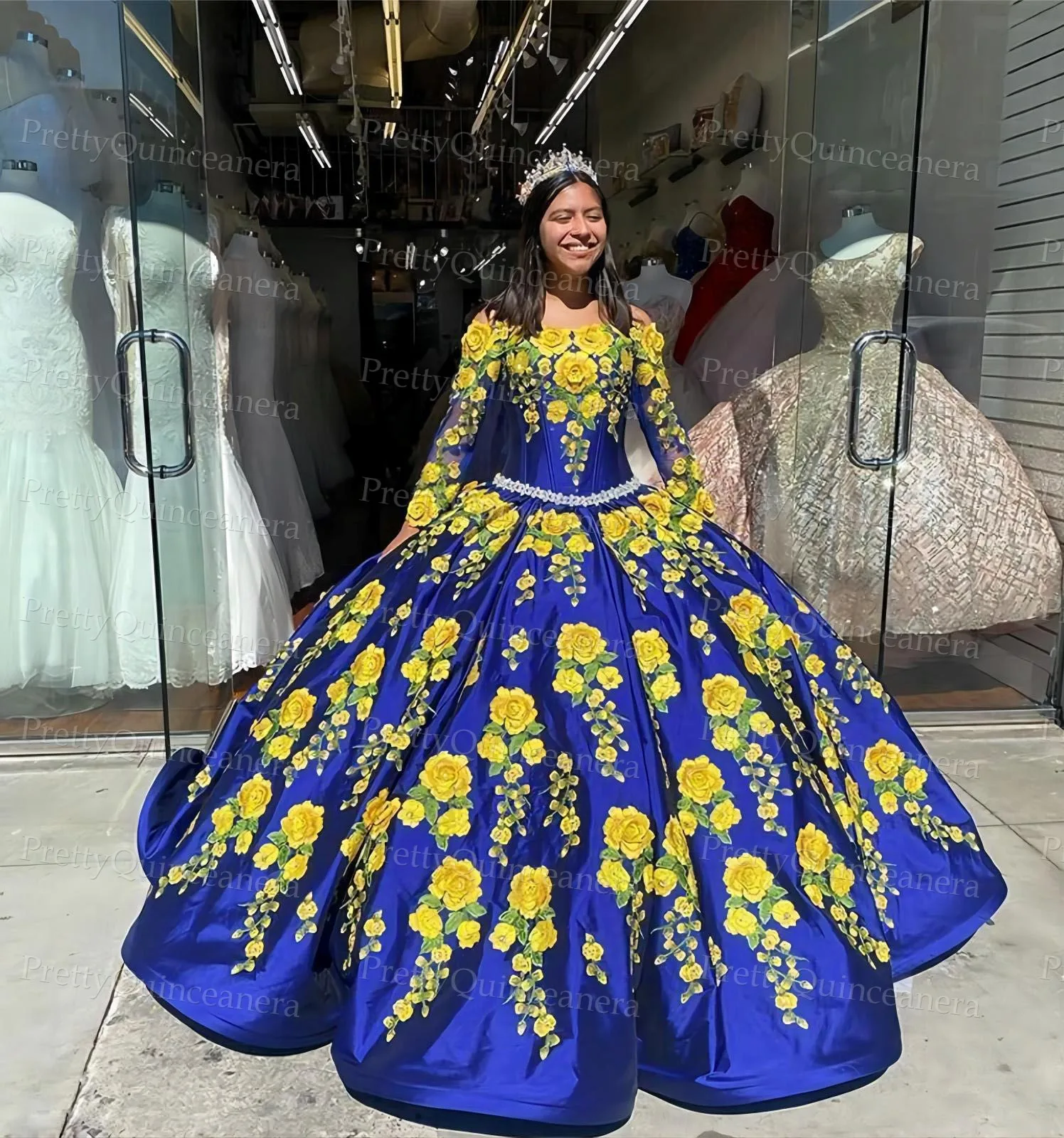 Puffy Satin Mexican Style Long Sleeve Quinceanera Dresses Royal Blue and Yellow 3D Embroidery Flower Ball Gown without Train