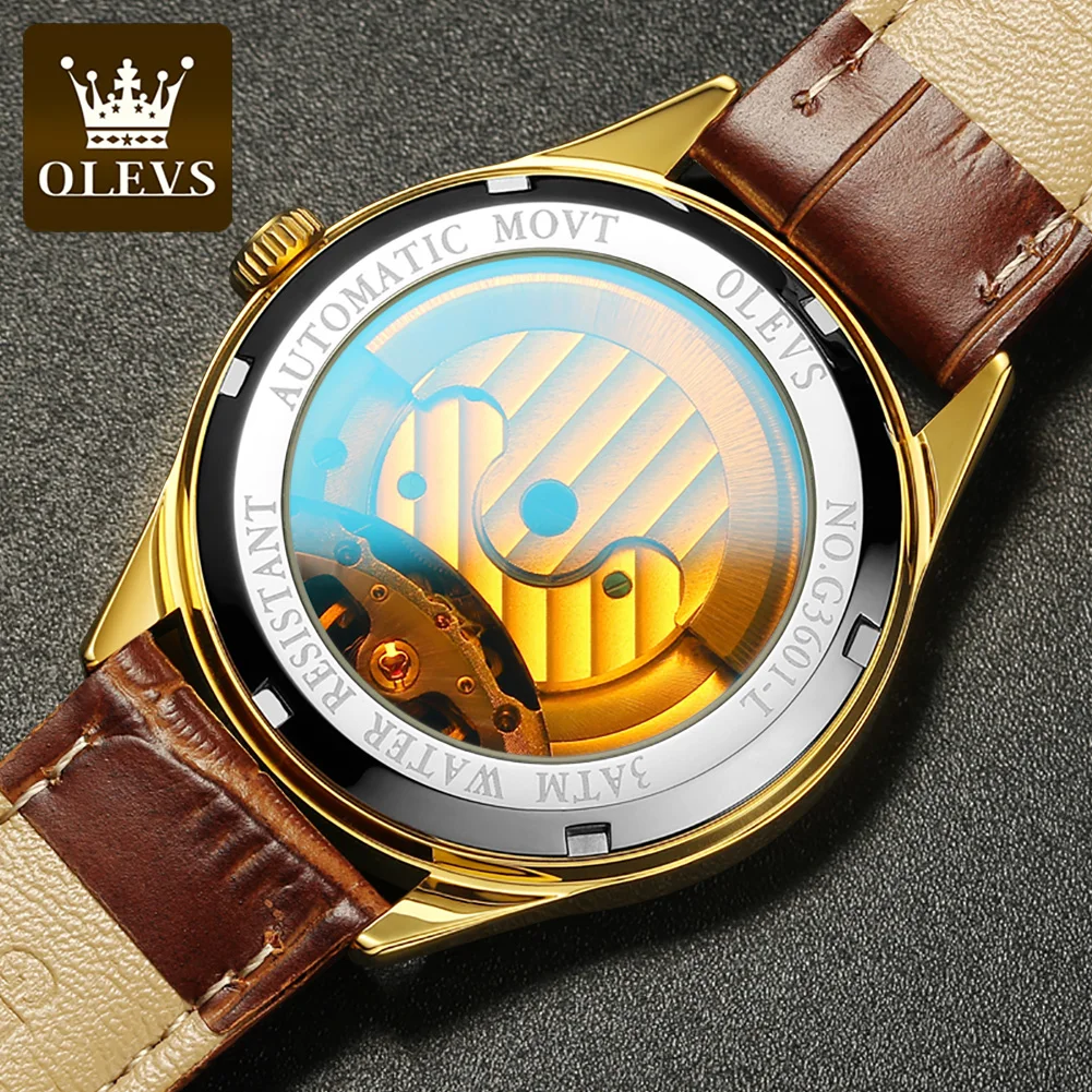 OLEVS 3601 Mens Watch Original Business Brand Mechanical Watch Waterproof Luminous Moon Phase Leather Strap Reloj Mens Gifts