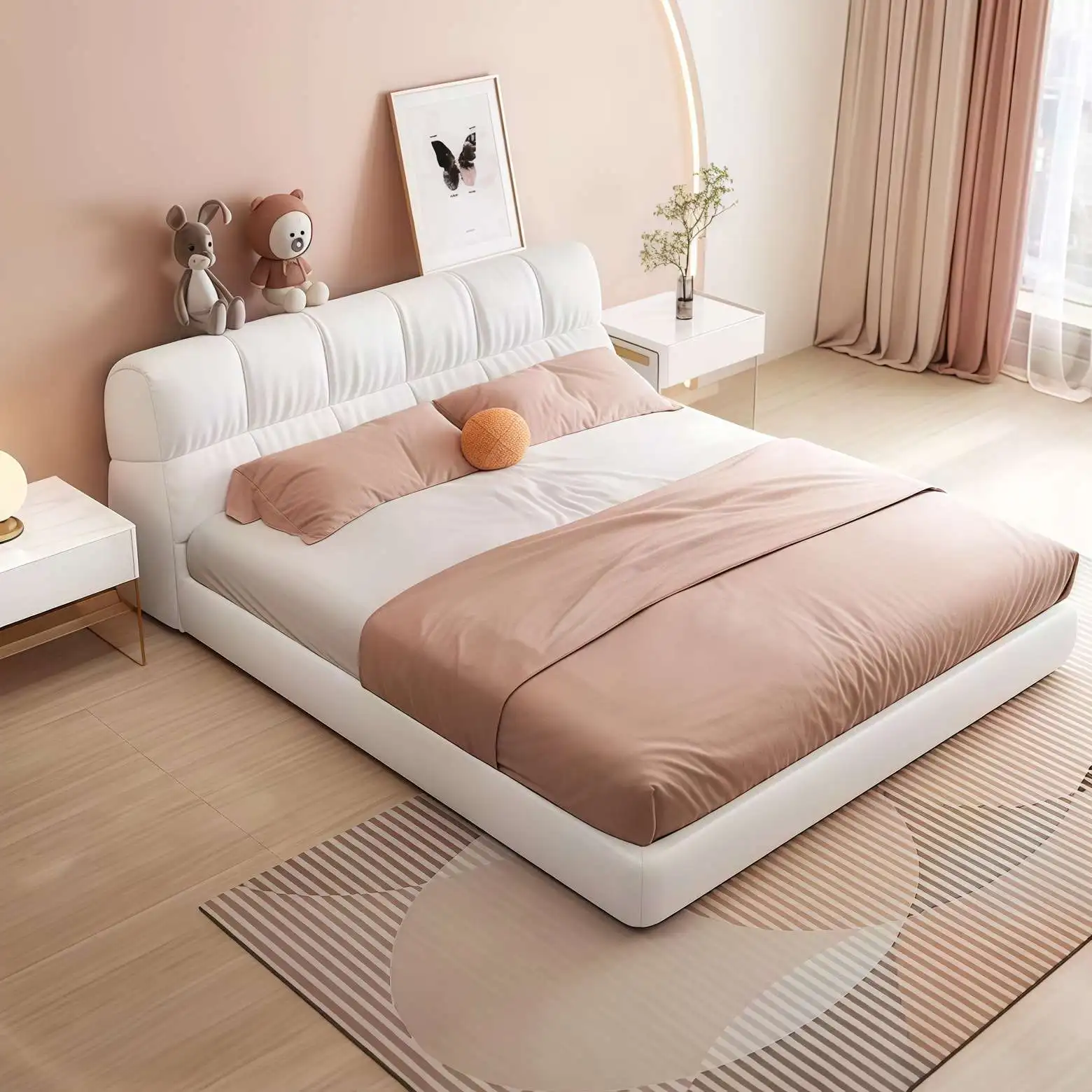 #Plaid Leather Bed Modern Minimalist Wood Frame Cloud Soft Bag Double Floor Bed Solid Wood Master Bedroom Bed