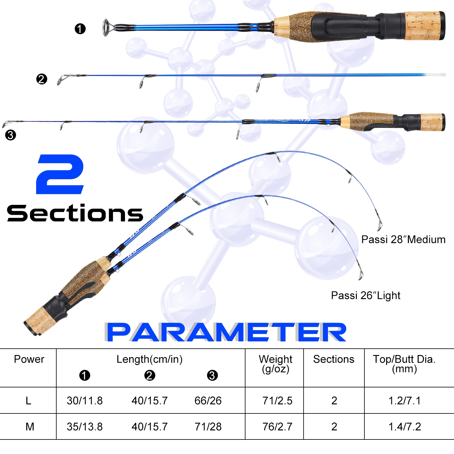 Sougayilang Ice Fishing Rod 2 Sections High Carbon Fiber Ice Rods with M/L Power Two Rod Tips Max Drag 8Kg Fishing on The Ice