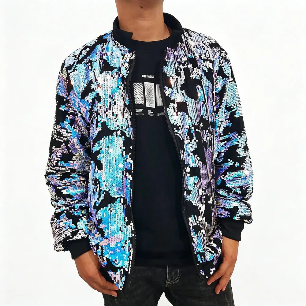 

Trendy Men's Singer Stage Sequins Jacket Velvet Zipper Casual Coat Nightclub Bar Performance Dance Costume Festival Party Jacket